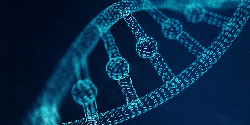 DNA double helix with a binary code overlay, illustrating gene data and bioinformatics.