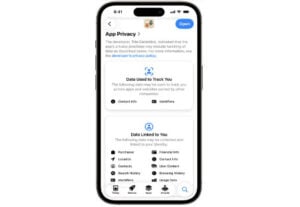 iPhone screen showing two privacy cards: Data Used to Track You and Data Linked to You, with lists of data types collected and options to manage privacy