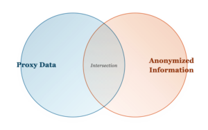 Venn diagram with two overlapping circles: left blue circle titled 'Proxy Data', right orange circle titled 'Anonymized Information', overlap labeled 'Intersection'