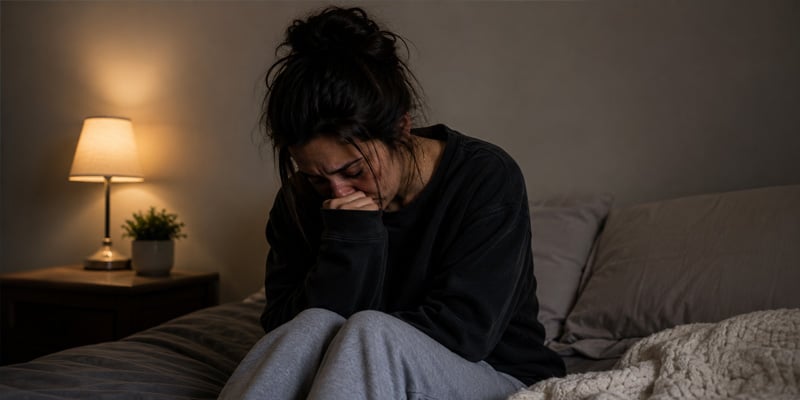 Woman sits on a bed in a dark sweater, head bowed and hands covering her face, in a dimly lit bedroom with a bedside lamp and plant on the nightstand.