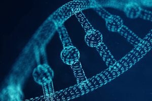 DNA double helix with a binary code overlay, illustrating gene data and bioinformatics.