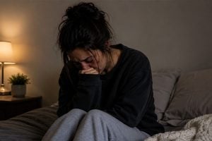 Woman sits on a bed in a dark sweater, head bowed and hands covering her face, in a dimly lit bedroom with a bedside lamp and plant on the nightstand.